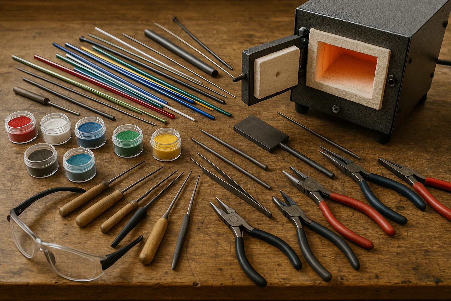 A hyper realistic photograph of a workbench with glass and enamel tools for jewelry making strewn across the workbench, with a tabletop kiln atop the bench on the right side of the picture. The picture should be from a POV perspective of someone working at the bench.