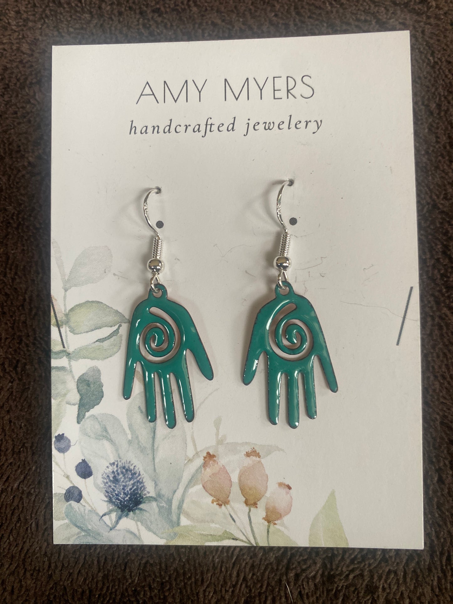 Teal Enameled Spiral Hands Earrings