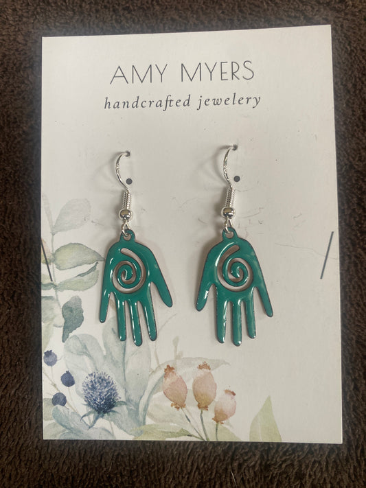 Teal Enameled Spiral Hands Earrings