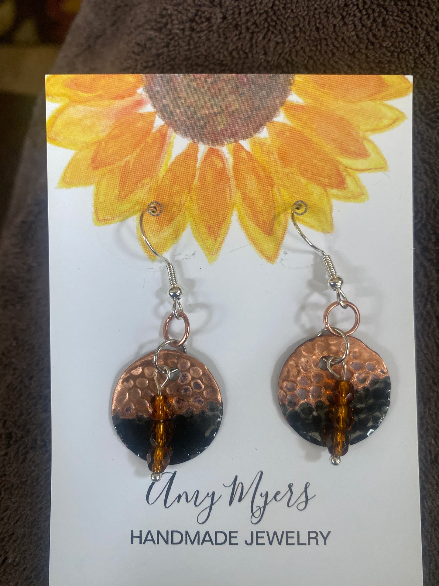 Hammered Copper and Black Enamel Disc Earrings