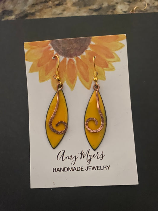 Yellow Teardrop Enamel Earrings with Copper Swirl Accent